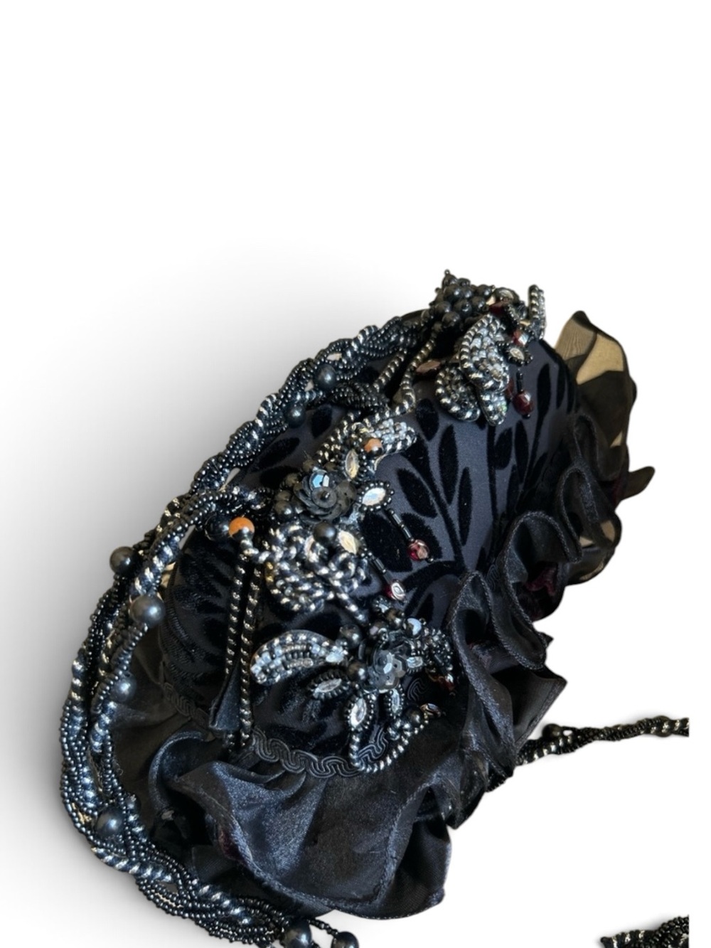 Mary Frances Vintage Black Velvet Leaf Beaded Evening Bag - Picture 10 of 16